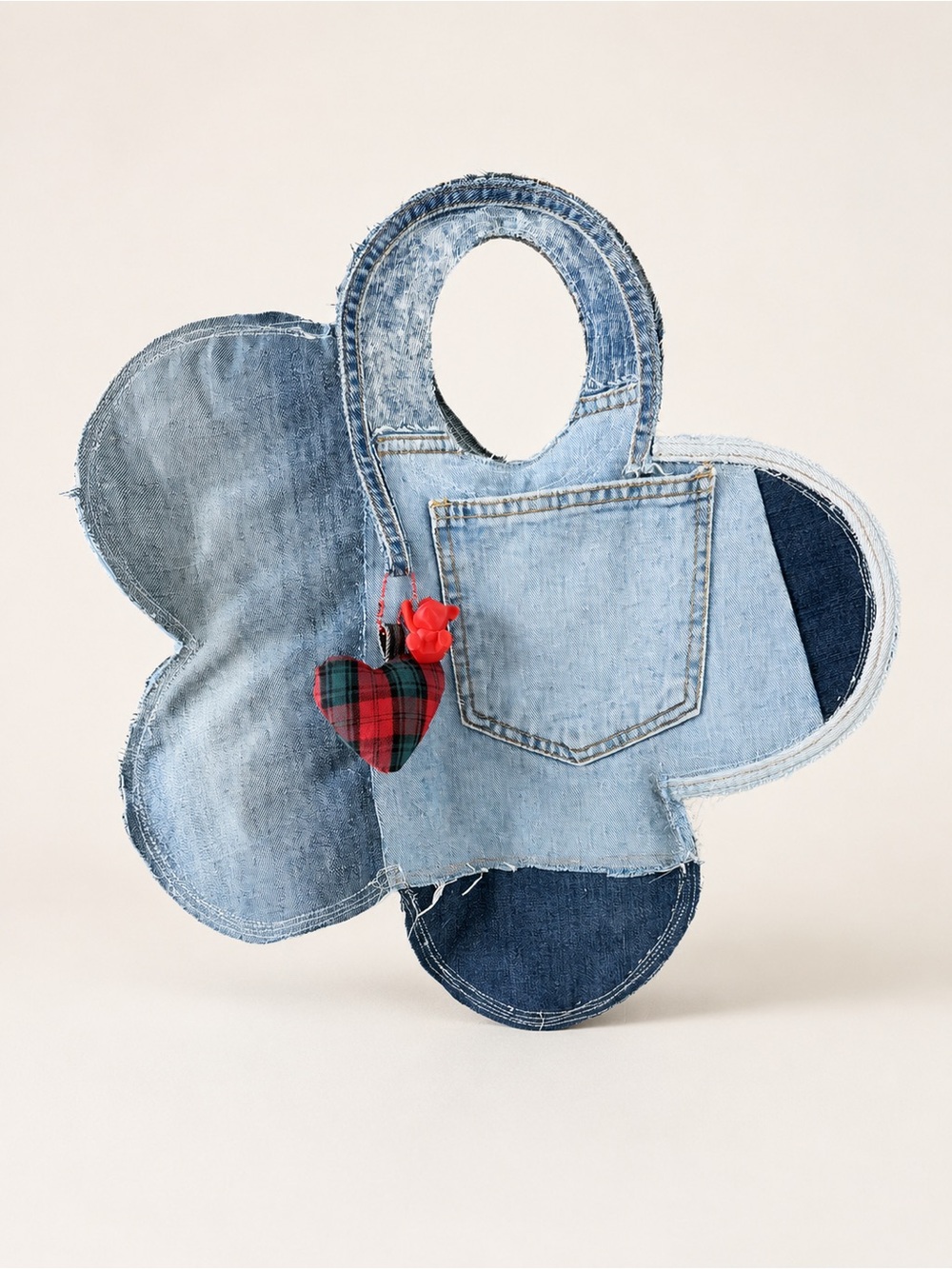 OOAK Handmade Upcycled Patchwork Denim Flower Tote Bag Heart Charm